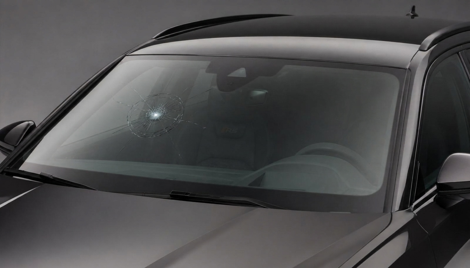 Audi RS6 windshield close-up — unprotected, showing rock chip damage